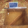 <p>Line of nearly-upright bricks discovered buried beneath 7 inches of soil during excavation of an archeological test unit near one of the officers&#39; quarters (Building 6), October 2006. The line of bricks marked the former edge of a sidewalk constructed in the 1880s that was later partially demolished by removal of the surface brickwork.</p>
